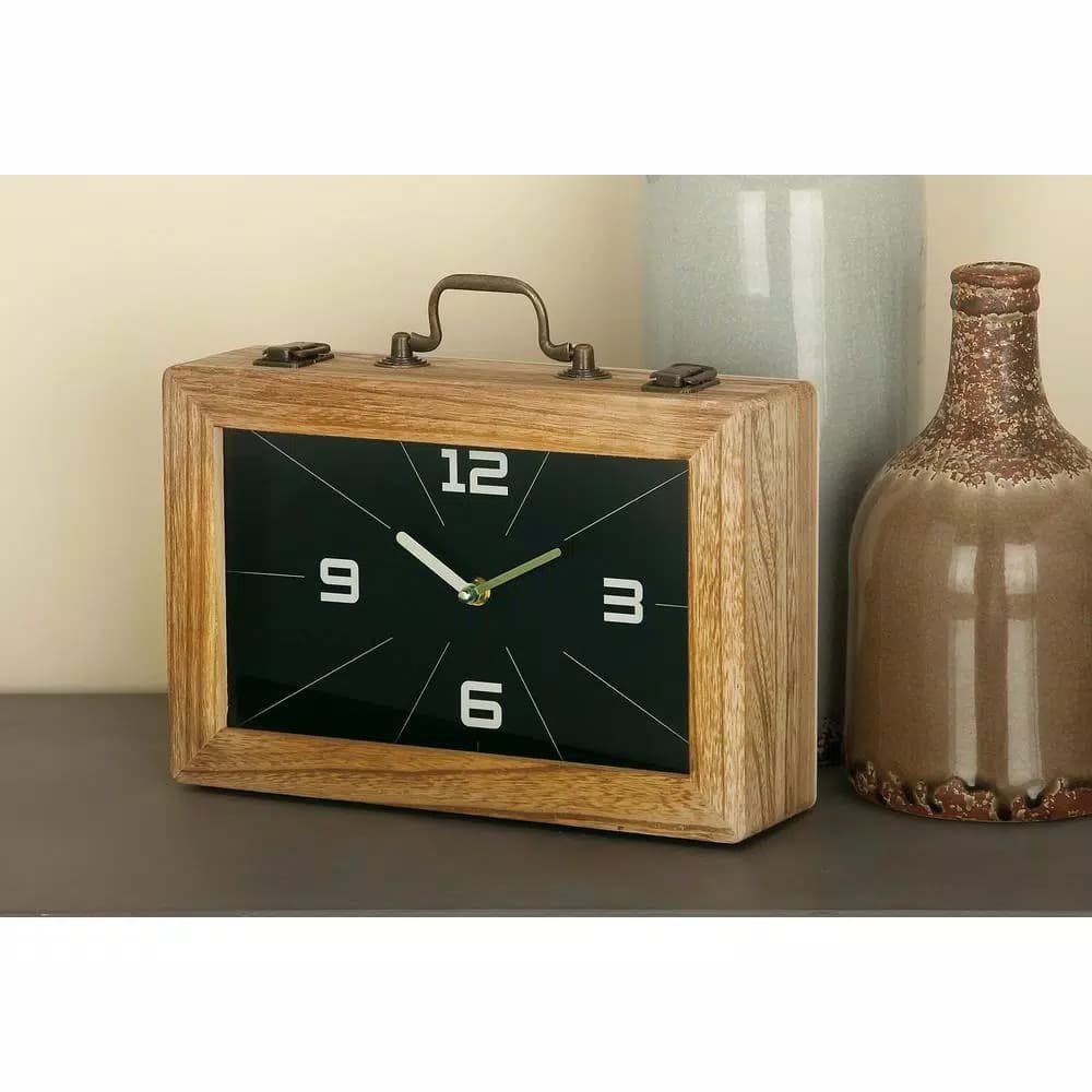 LITTON LANE Vintage Brown and Black Rectangular Wooden Suitcase Table Clock, 8 x 12 in.