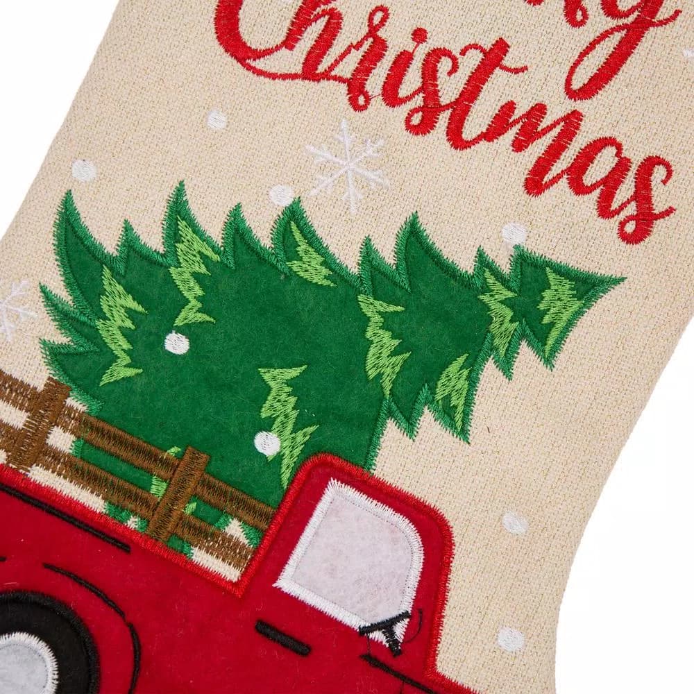 Glitzhome 21 in. Polyester Embroidered Linen Style Christmas Stocking Set, 2-Pack