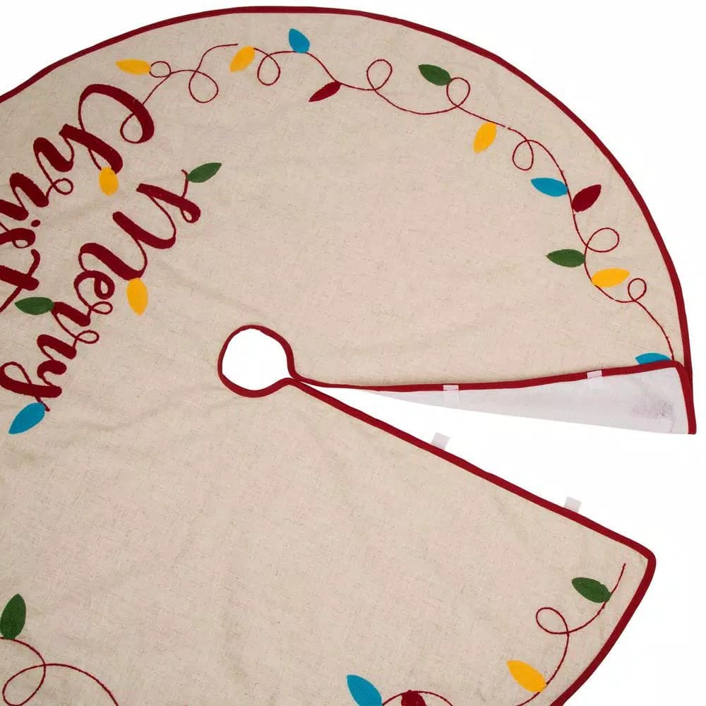 Glitzhome 48 in. LED Embroidered Linen Christmas Tree Skirt - Merry Christmas