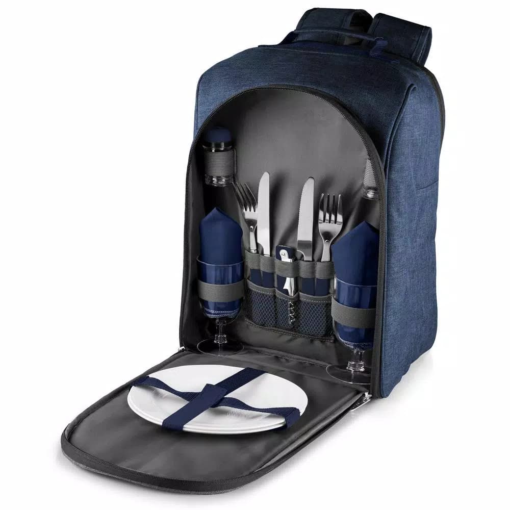 Picnic Time Colorado Navy Wood Picnic Cooler Backpack, Insulated Soft-Side Cooler for Two