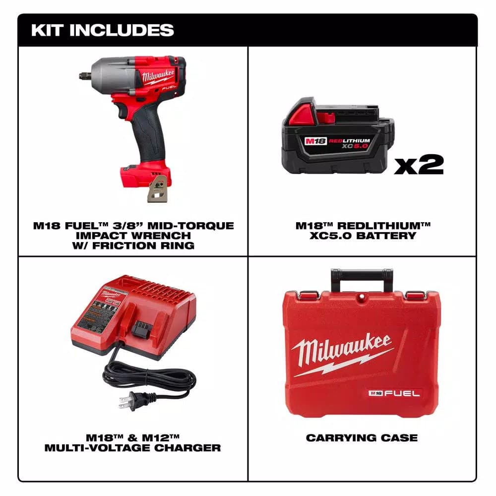Milwaukee M18 FUEL 3/8 in. Mid-Torque Brushless Cordless Impact Wrench Kit with (2) 5.0 Ah Batteries & Charger