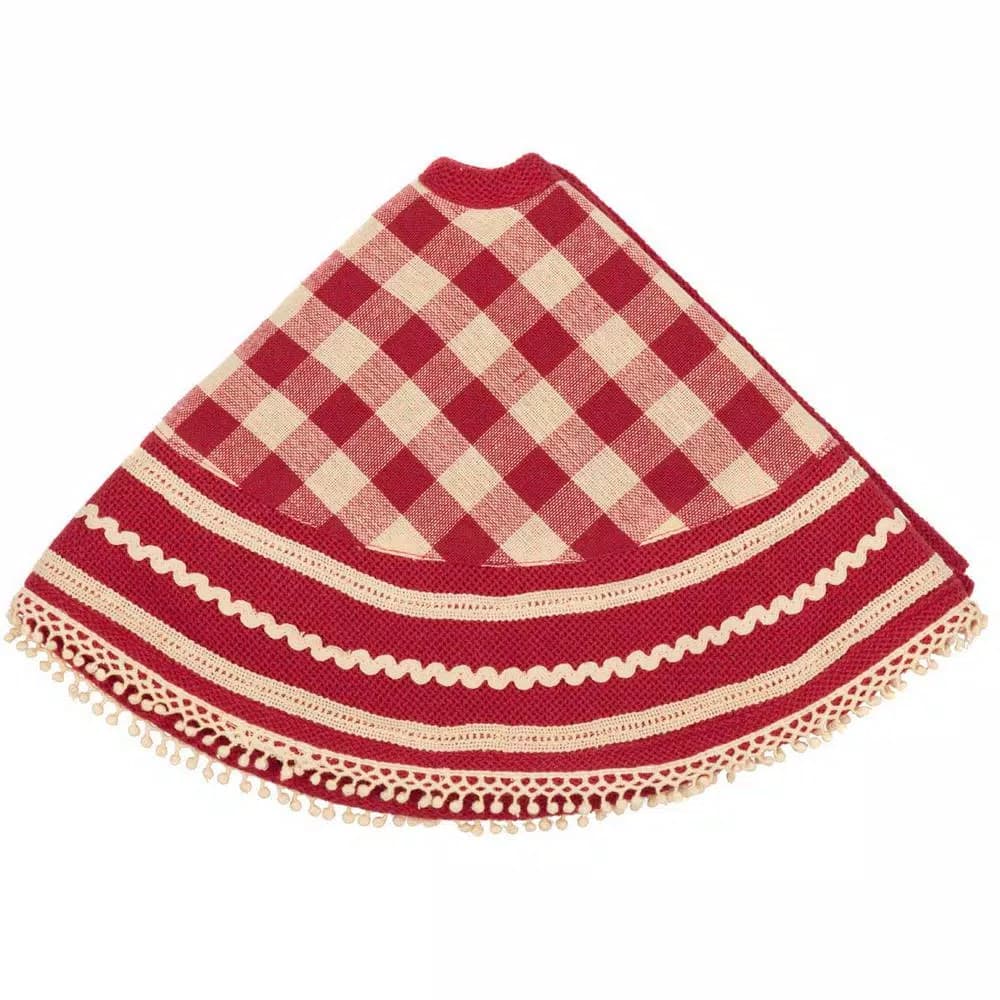 VHC Brands 21 in. Gretchen Cherry Red and Creme Check Farmhouse Christmas Mini Tree Skirt