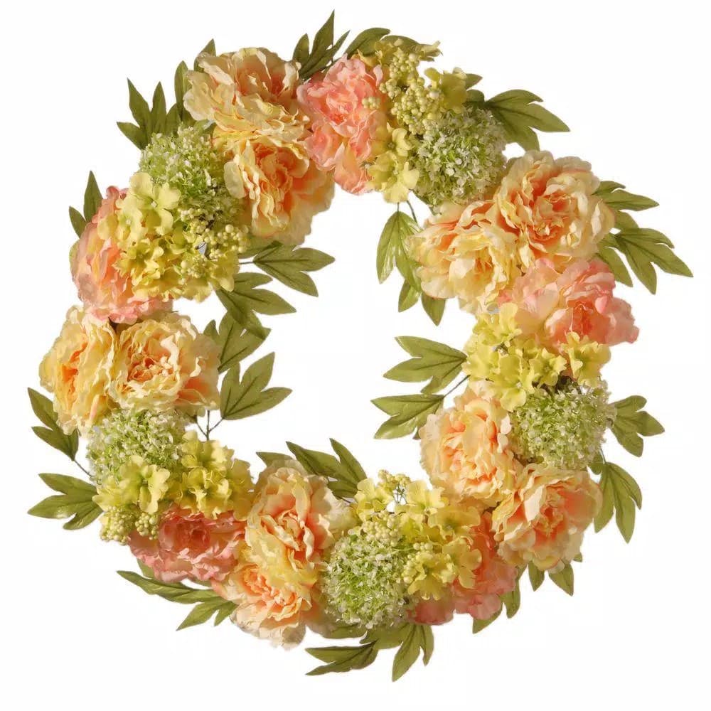 National Tree Company 24 in. Cream Peony Wreath with Yellow Berries and Pink Flowers