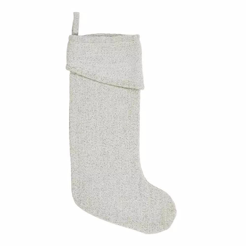 VHC Brands 20 in. Nowell Farmhouse Creme Burlap Christmas Stocking with Silver Metallic Whip Stitching