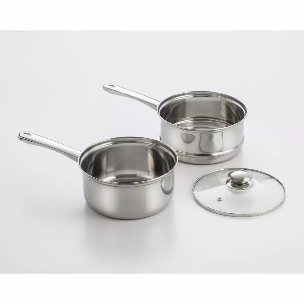 ExcelSteel 3-Piece 2.5 Qt Stainless Steel Double Boiler Set with Tempered Glass Lid