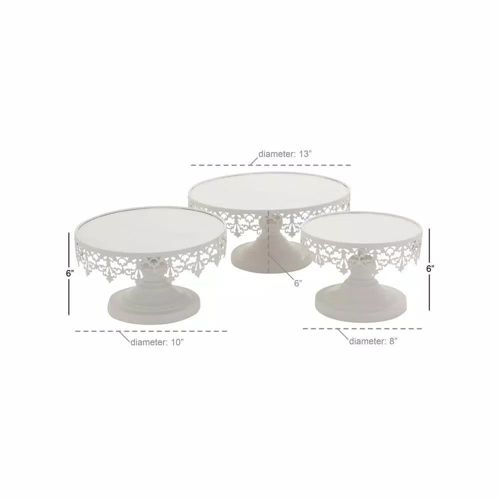 LITTON LANE White Iron Round Cake Stand Set of 3 with Lattice Lace Overhang