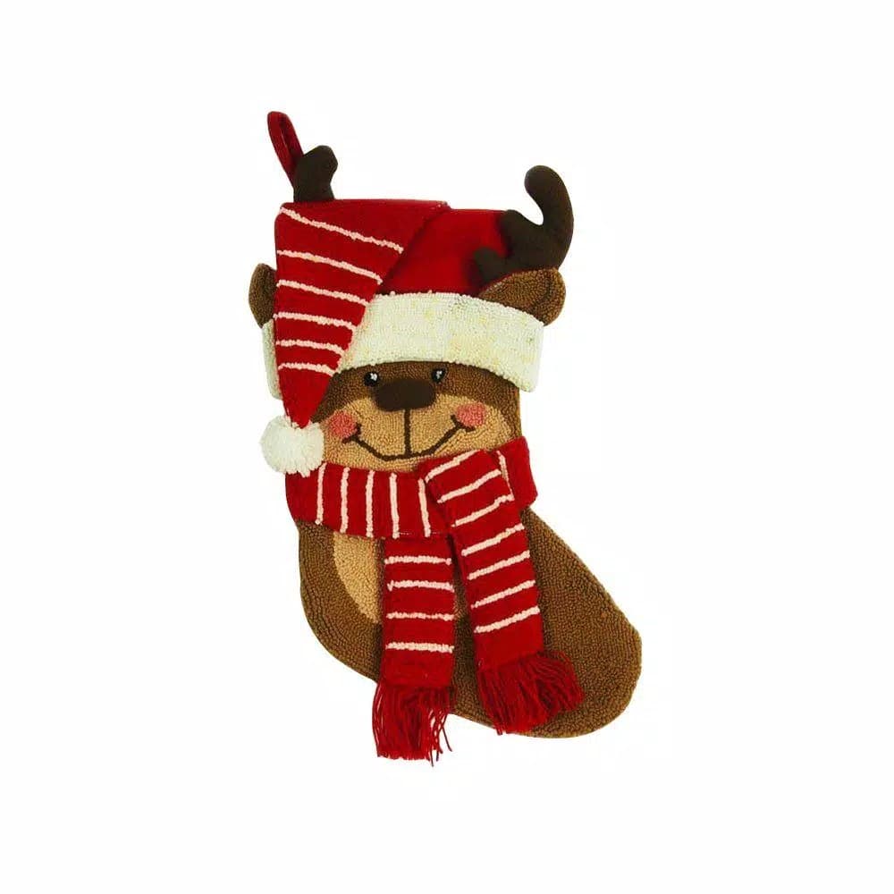 Glitzhome 19 in. 3D Reindeer Hooked Christmas Stocking - Red, White, and Brown