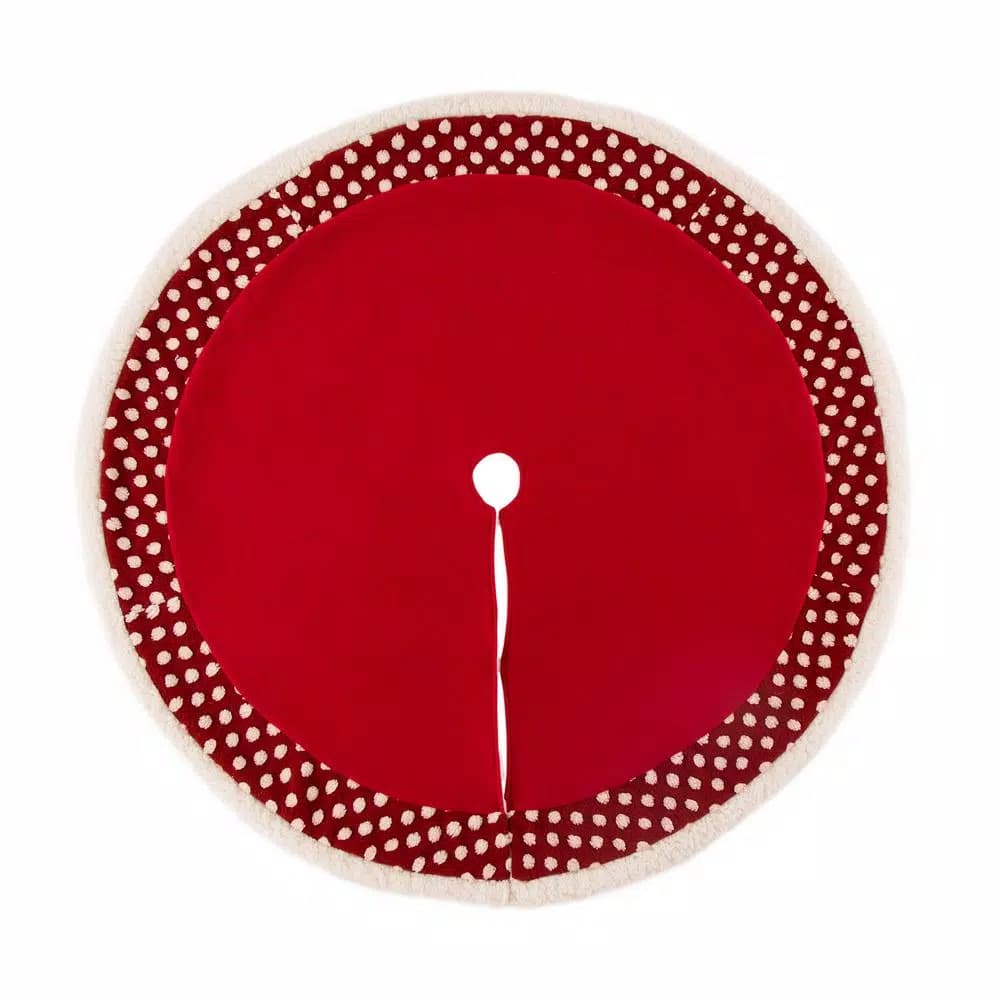 Glitzhome 48 in. Red and White Polka Dot Pompom Fabric Christmas Tree Skirt