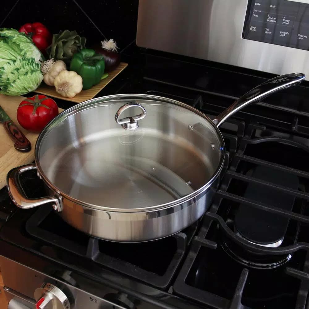 Chantal Induction 21 Steel 11.5 in. Stainless Steel Saute Skillet with Glass Lid, Brushed Stainless Steel