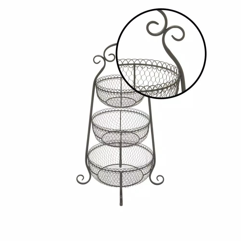 LITTON LANE New Traditional 3-Tier Black Wrought Iron Decorative Basket Tray Stand