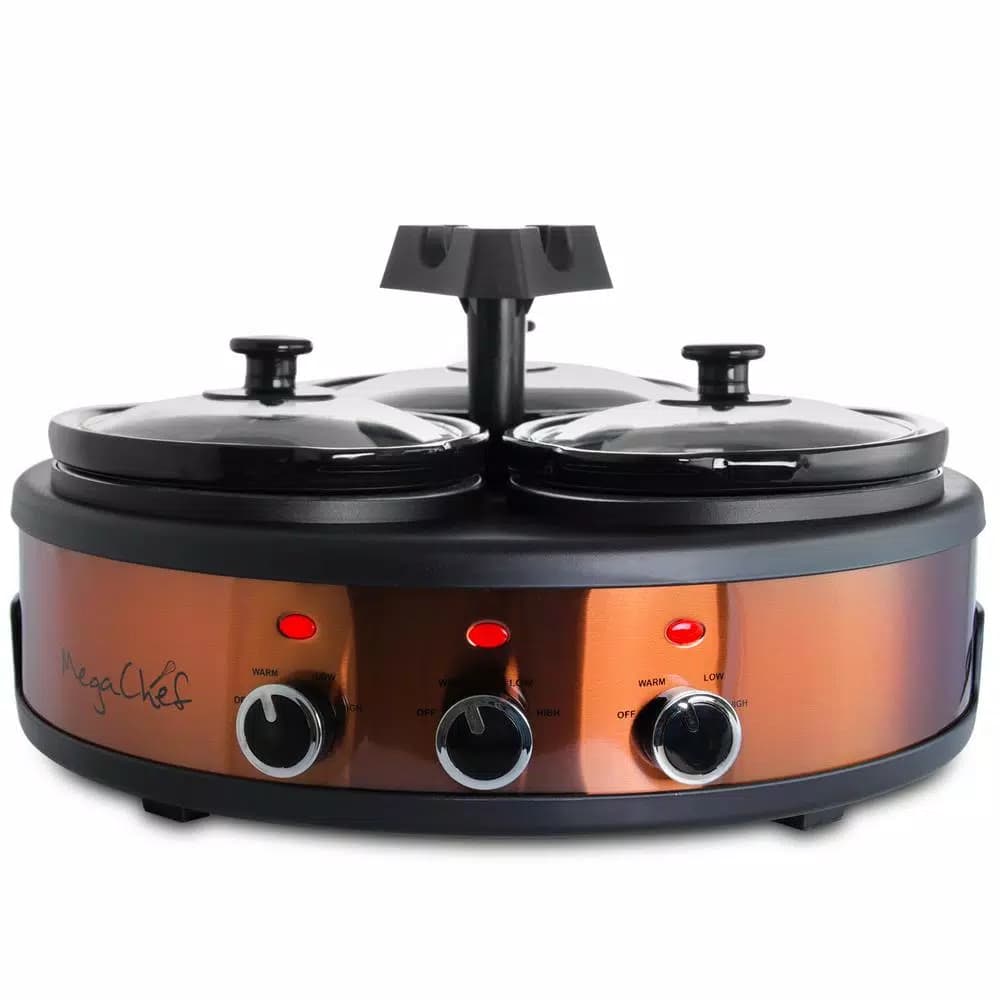 MegaChef Triple 4.5 Qt. Copper Slow Cooker and Buffet Server with 3 Ceramic Pots