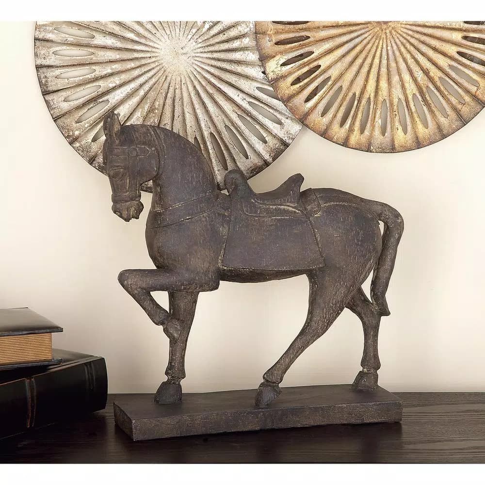 LITTON LANE 15 in. Decorative Horse Sculpture in Antique Brown Polystone