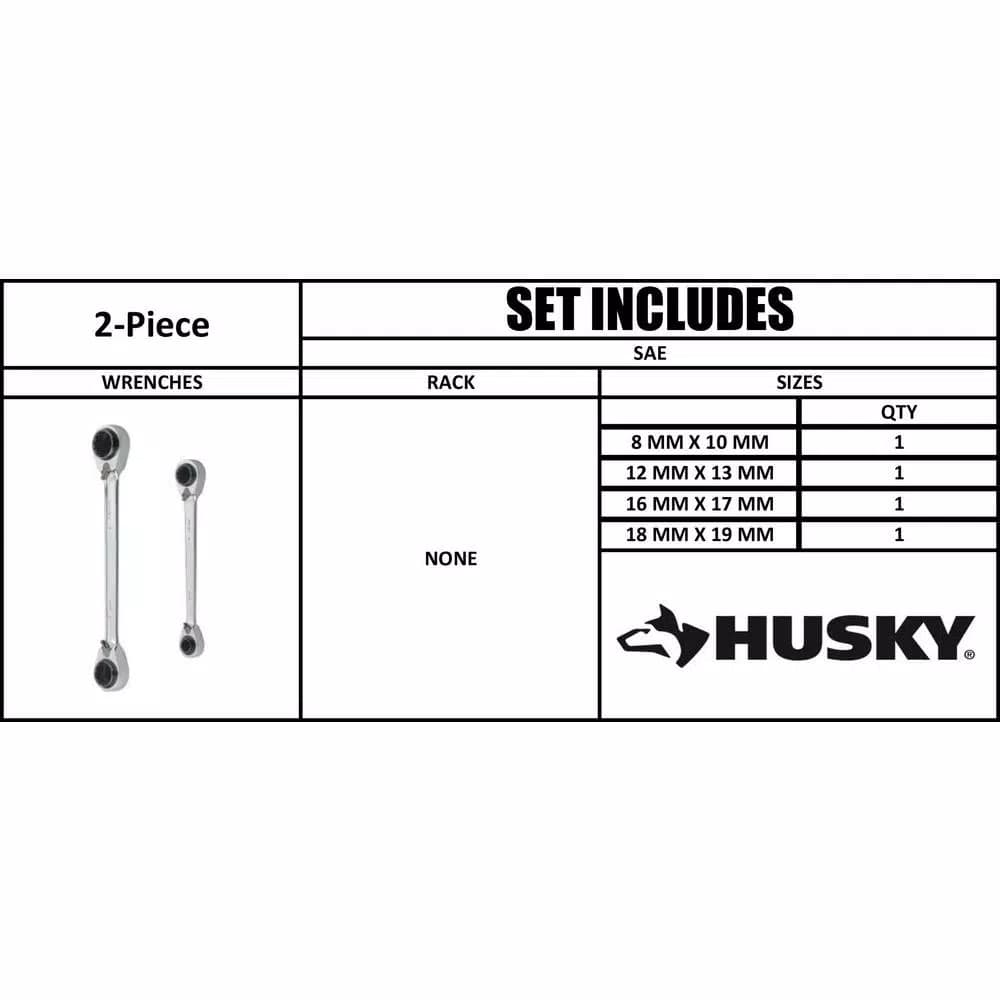 Husky 2-Piece Metric Quad Drive 4-in-1 Reversible Ratcheting Wrench Set