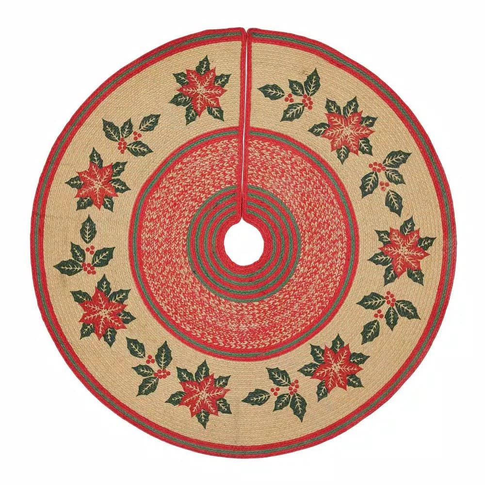 VHC Brands 50 in. Poinsettia Natural Tan Jute Tree Skirt with Holly Berry Red and Forest Green Stencil