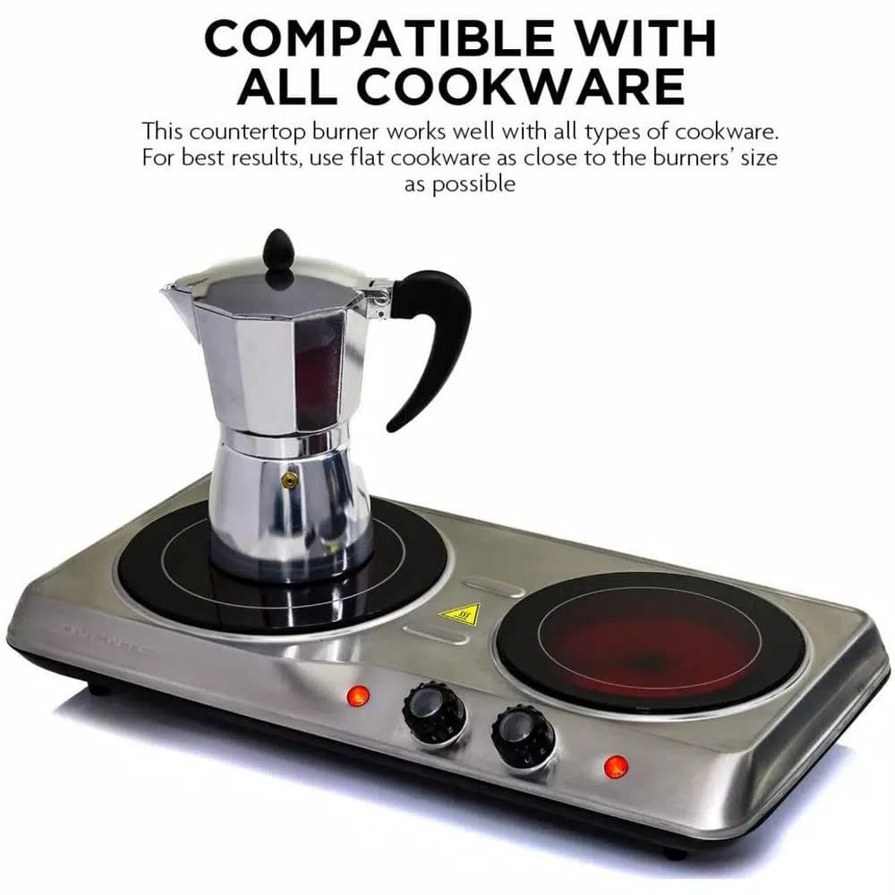 Ovente 1700W Double Electric Hot Plate, Infrared Glass Cooktop with 2 Burners, Silver