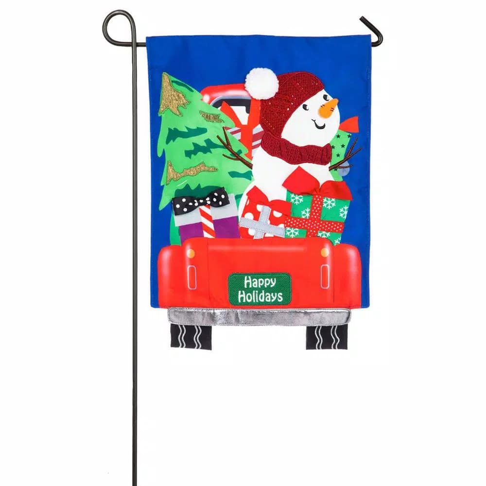 Evergreen 18 in. x 12.5 in. Holiday Shopper Garden Linen Flag - Snowman on Red Truck Christmas Design