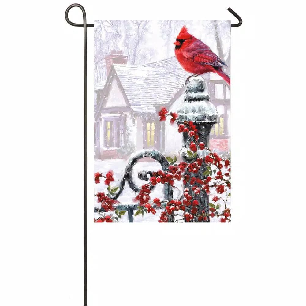 Evergreen 18 in. x 12.5 in. Winter Cardinal Garden Satin Flag - Christmas Birdhouse Design
