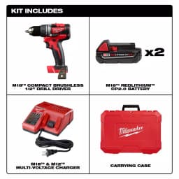 Milwaukee M18 1/2 in. Compact Brushless Cordless Drill/Driver Kit with (2) 2.0 Ah Batteries, Charger and Case thumbnail 2