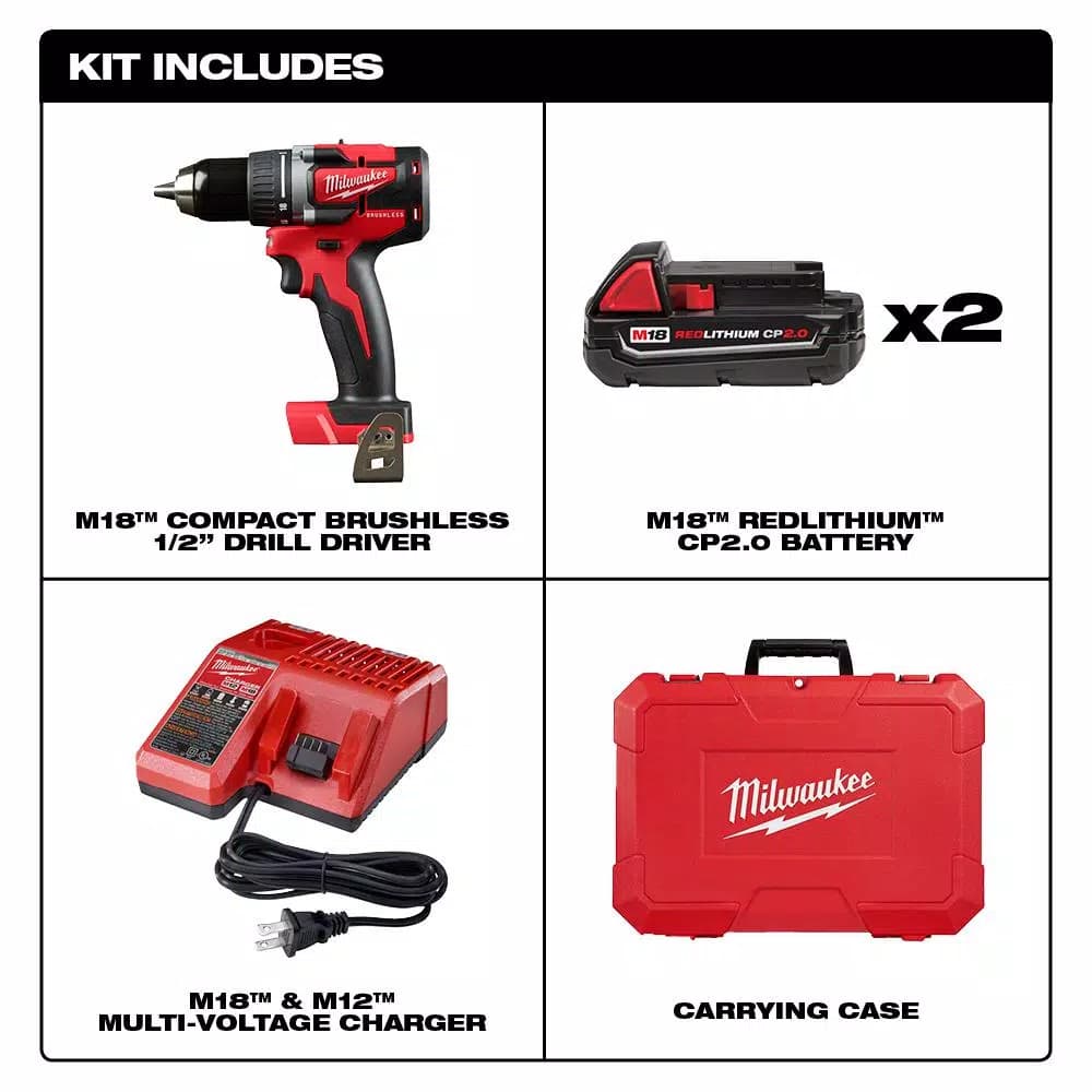 Milwaukee M18 1/2 in. Compact Brushless Cordless Drill/Driver Kit with (2) 2.0 Ah Batteries, Charger and Case