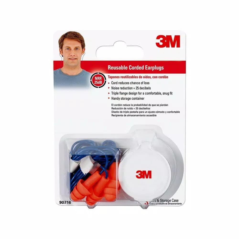 3M Corded Reusable Ear Plugs, Tri-Flange Design, 25 dB NRR (Case of 10 Packs, 30 Pairs Total)