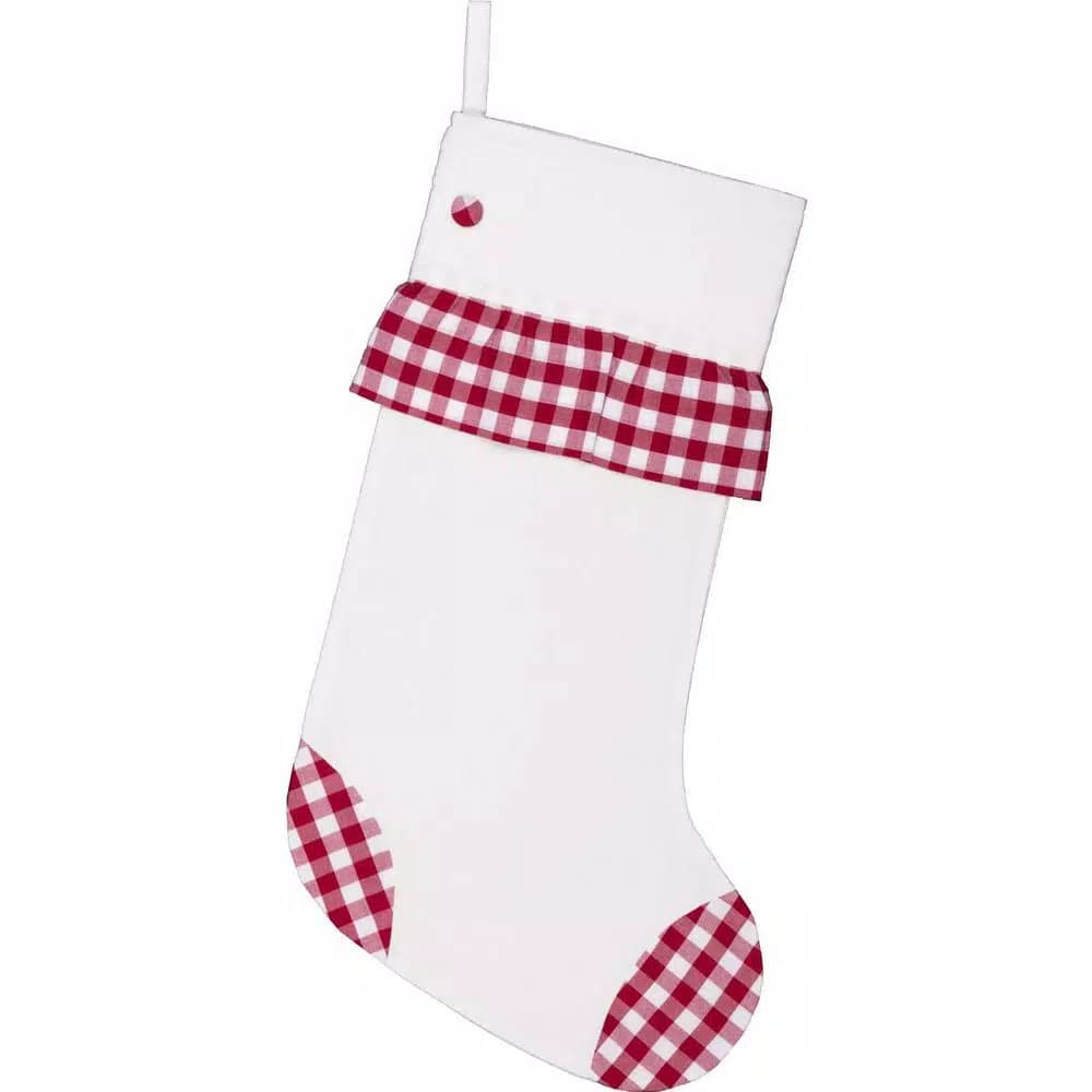 VHC Brands Emmie 20 in. Red Check Ruffle Farmhouse Christmas Stocking