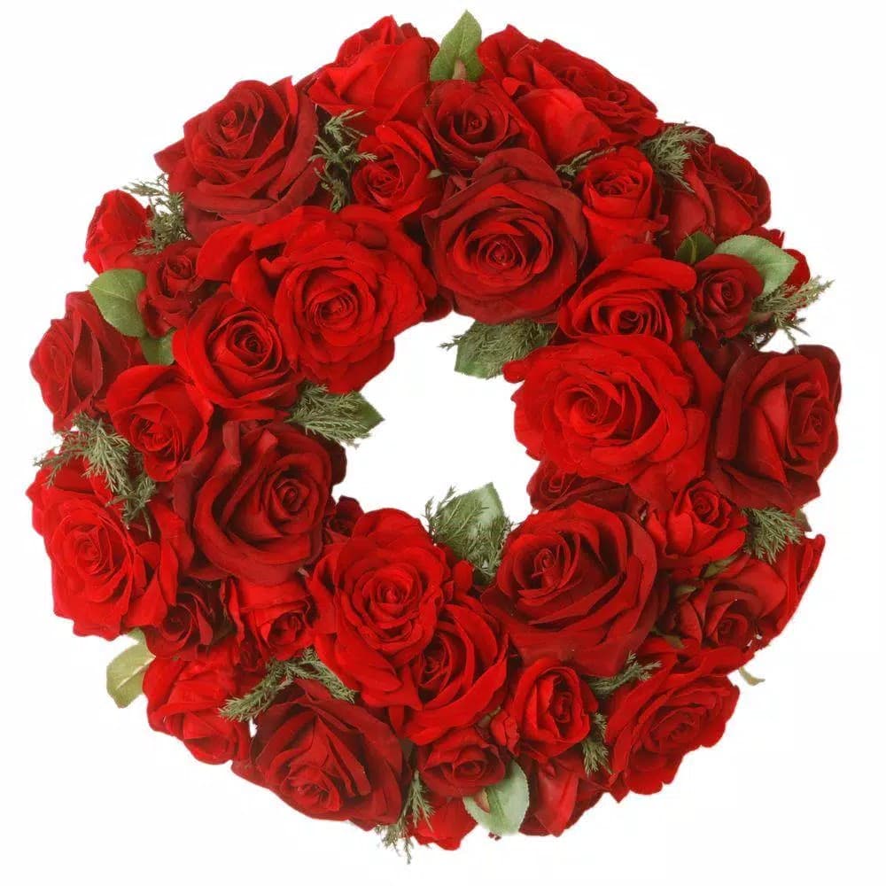 National Tree Company 15 in. Red Velvet Rose and Cedar Wreath with Green Foliage