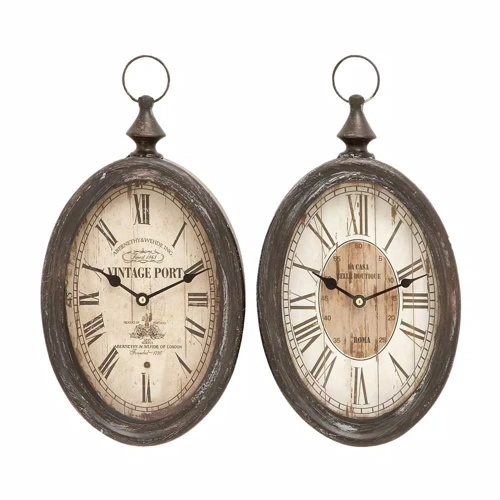 LITTON LANE 2-Pack Antique Reproduction Style Oval Wall Clocks, 15 x 8 in., Rustic Farmhouse Decor