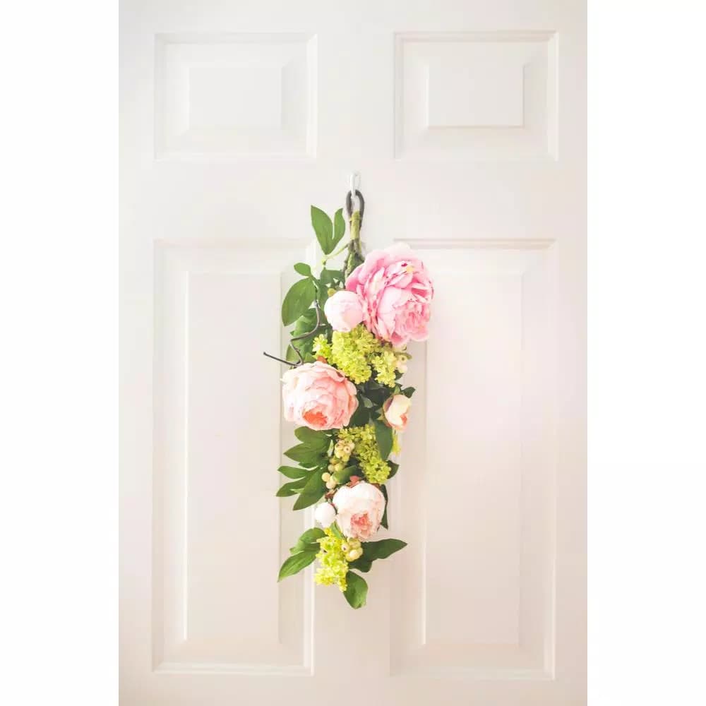 Nearly Natural 24 in. Mixed Pink Peony and Hydrangea Teardrop Floral Swag Wreath