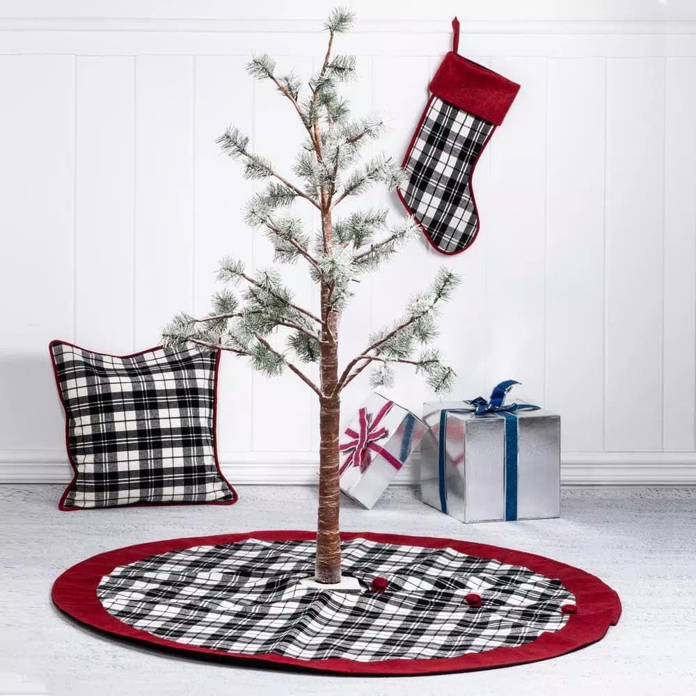 Glitzhome 20 in. Black and White Plaid Fabric Christmas Stocking with Red Rim