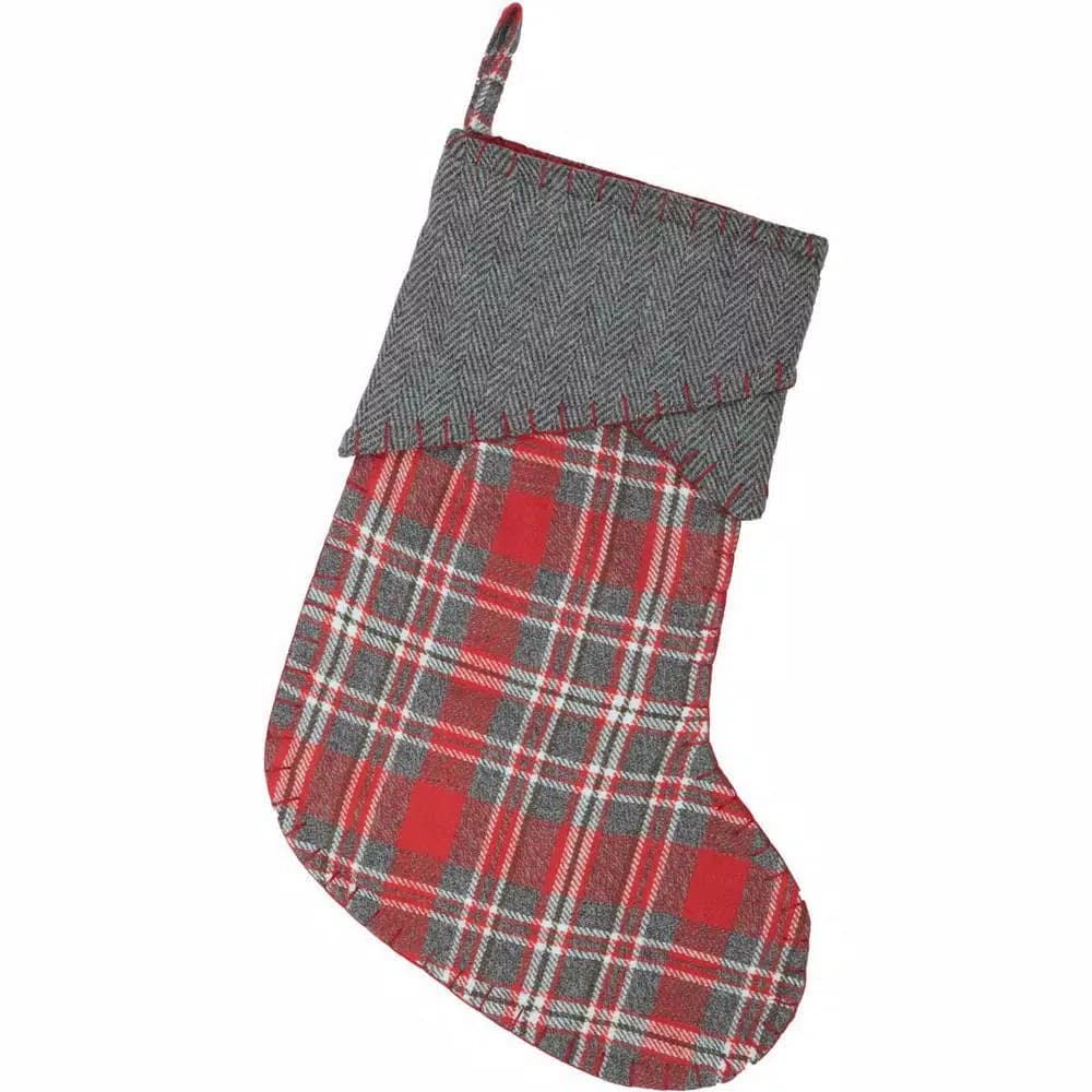 VHC Brands Anderson 15 in. Rustic Christmas Stocking - Cherry Red & Iron Grey Plaid