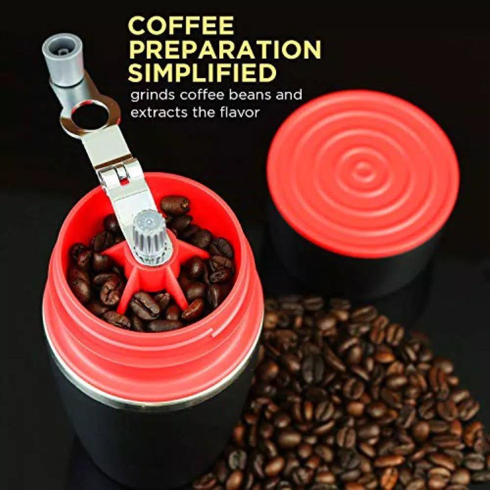 Ovente 2-in-1 Single Serve Coffee Grinder and French Press Maker with Insulated Cup, Red