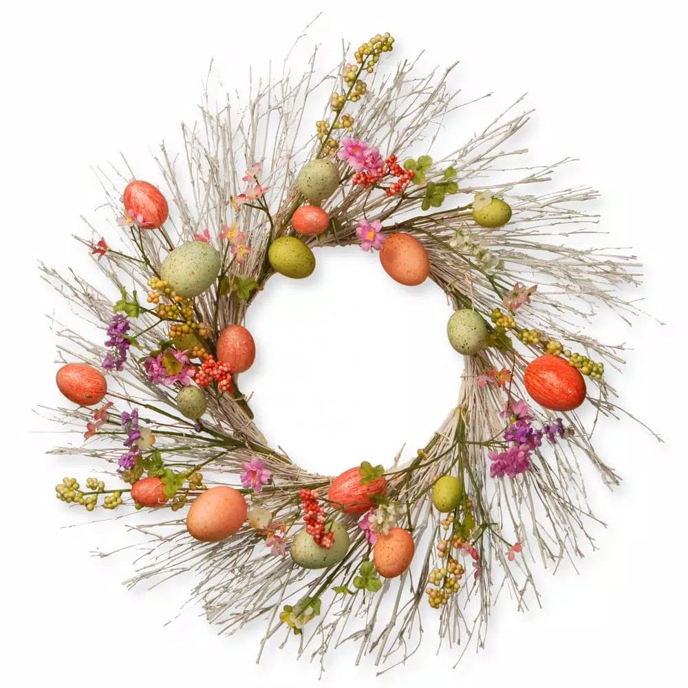 National Tree Company 24 in. Easter Egg and Floral Wreath with Pink and Purple Flowers