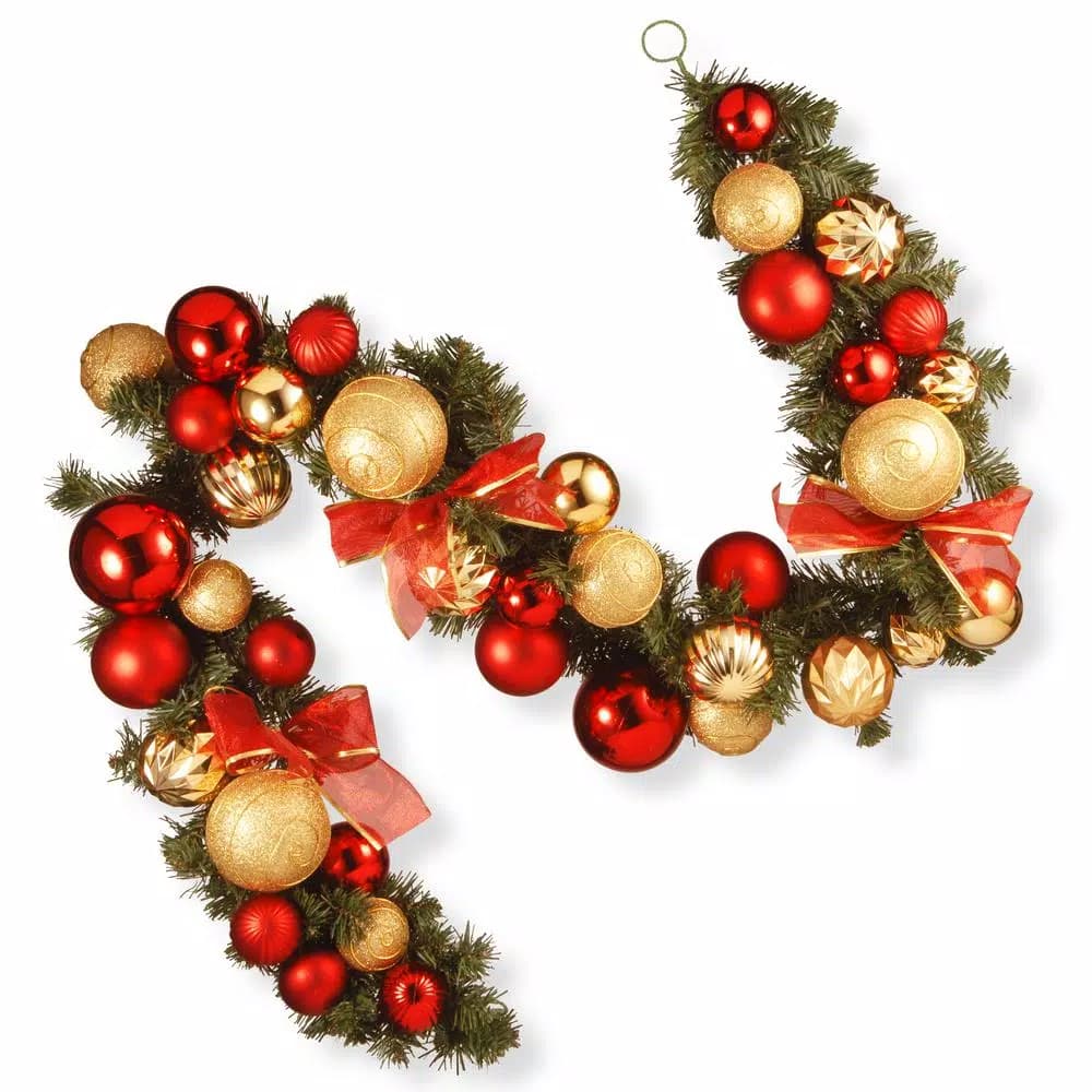 Unbranded 6 ft. Red and Green Evergreen Ornament Garland with Gold and Red Accents