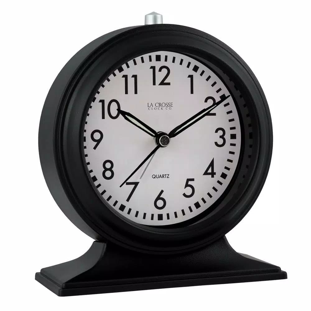 La Crosse Clock Co. Silent Sweep Black Mantel Alarm Clock with Luminous Hands
