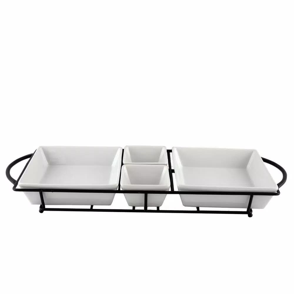Gibson Gracious Dining 5-Piece White Porcelain Serving Set with Metal Rack