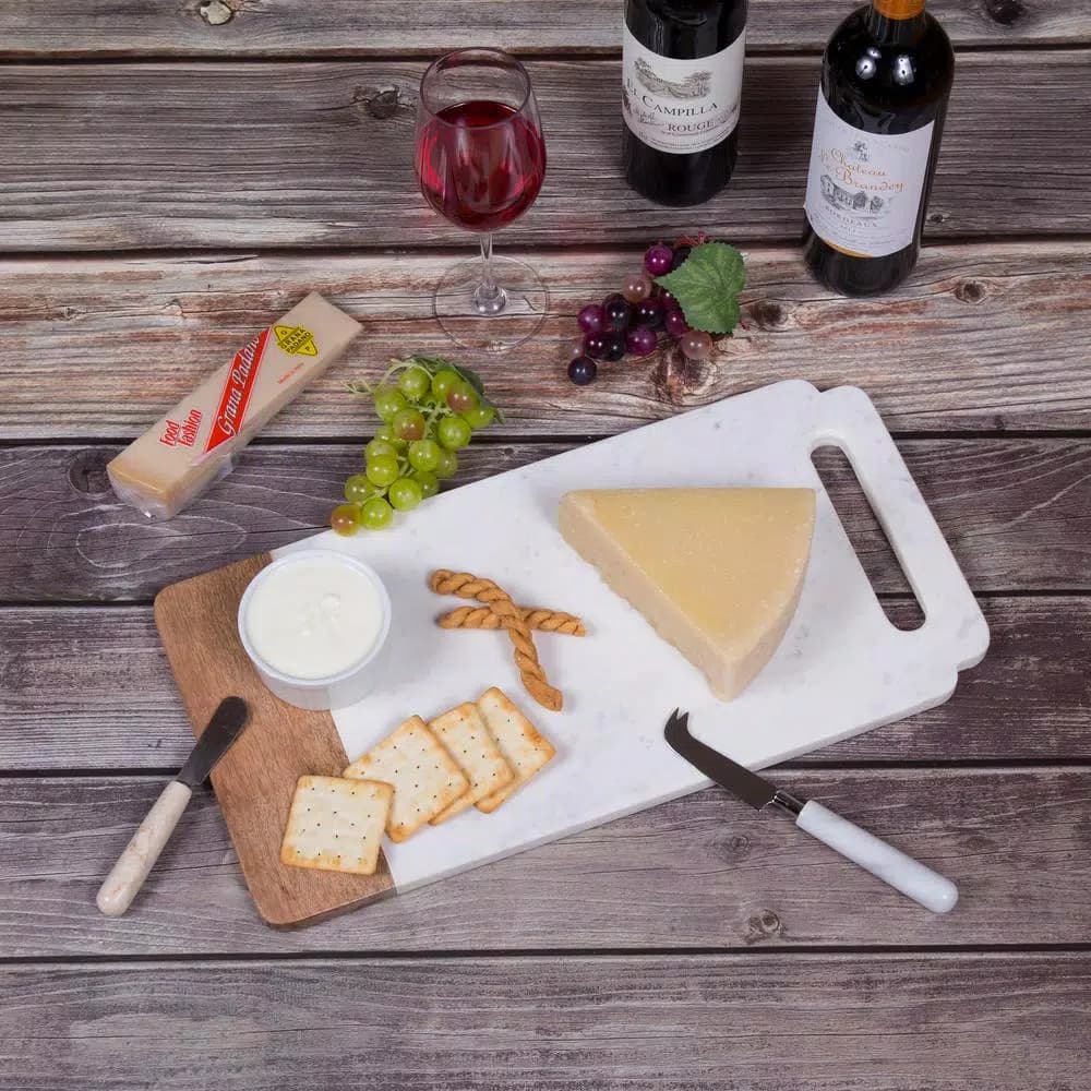 Creative Home Taj Elite Creamy White Marble and Mango Wood Serving Board, 18 x 9 in.