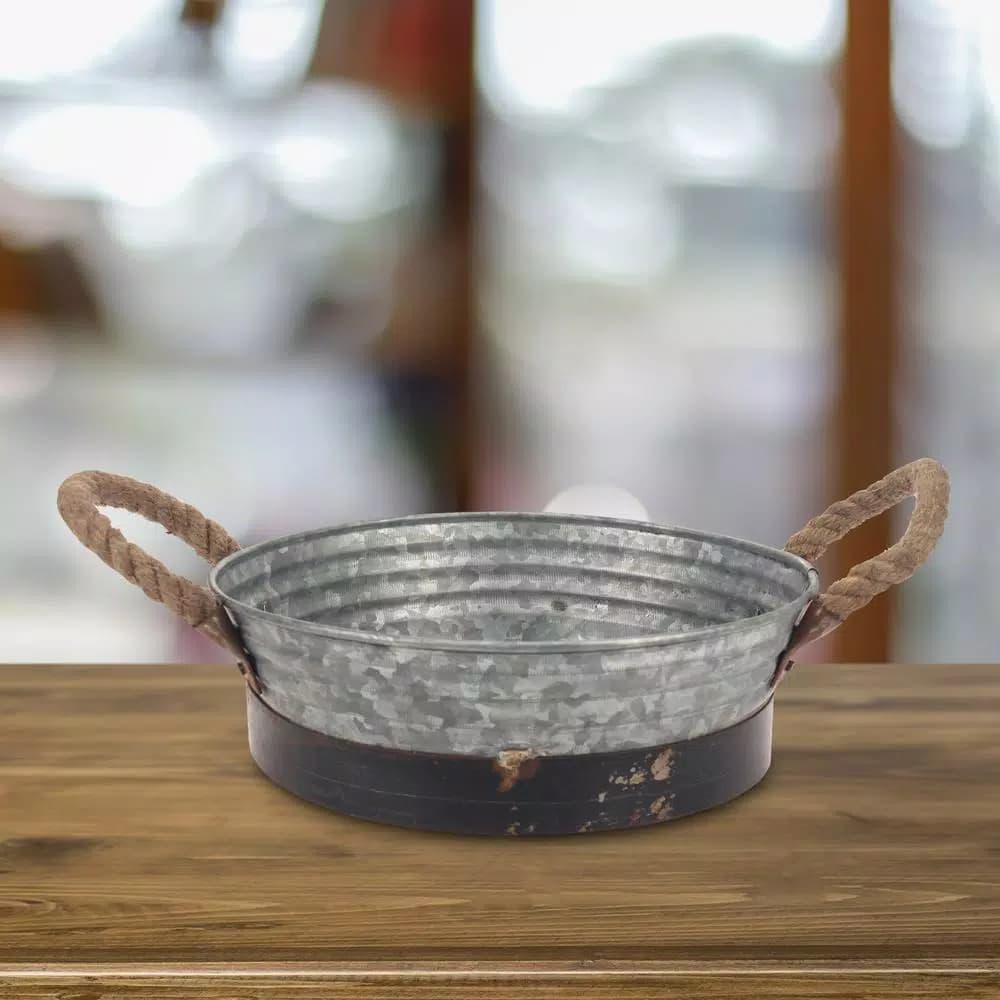 Stonebriar Collection 10 in. Round Galvanized Metal Decorative Tray with Rope Handles, Rustic Farmhouse Style