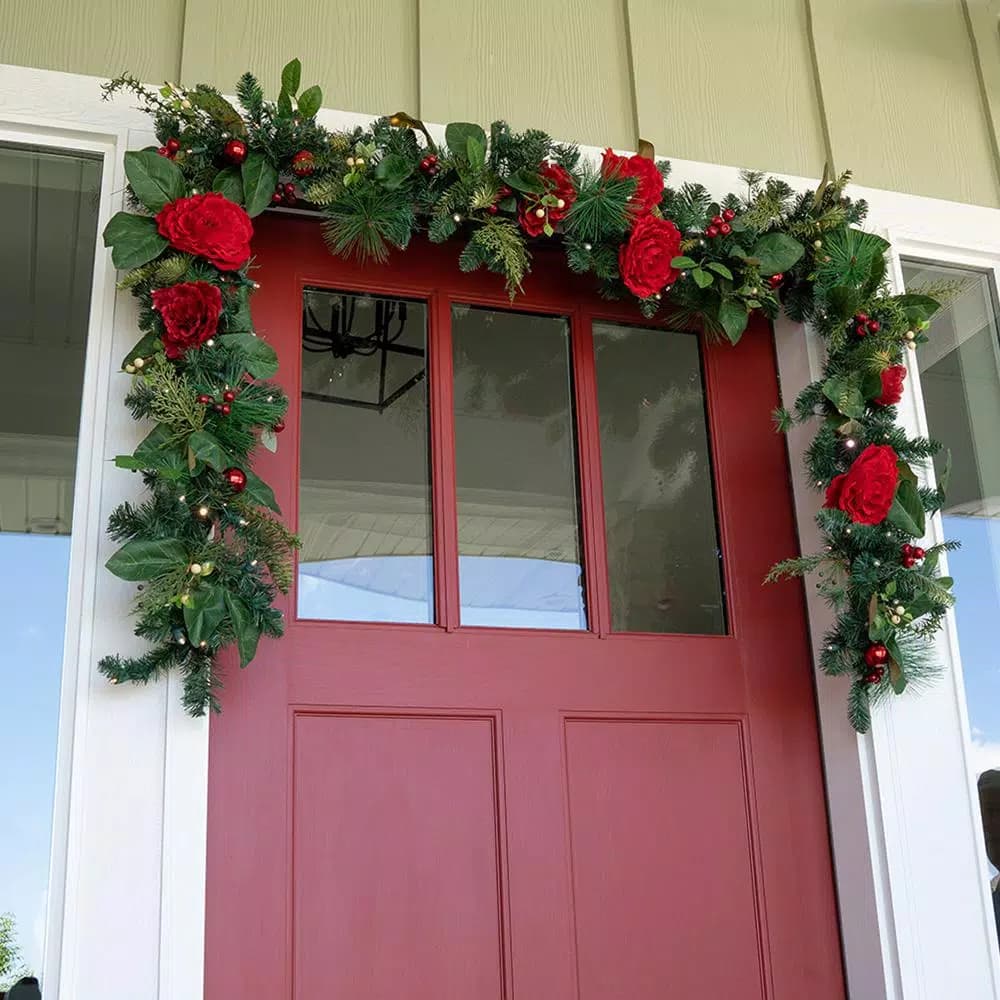 Unbranded 9 ft. Pre-Lit LED Red Peonies and Berry Garland with Remote Control