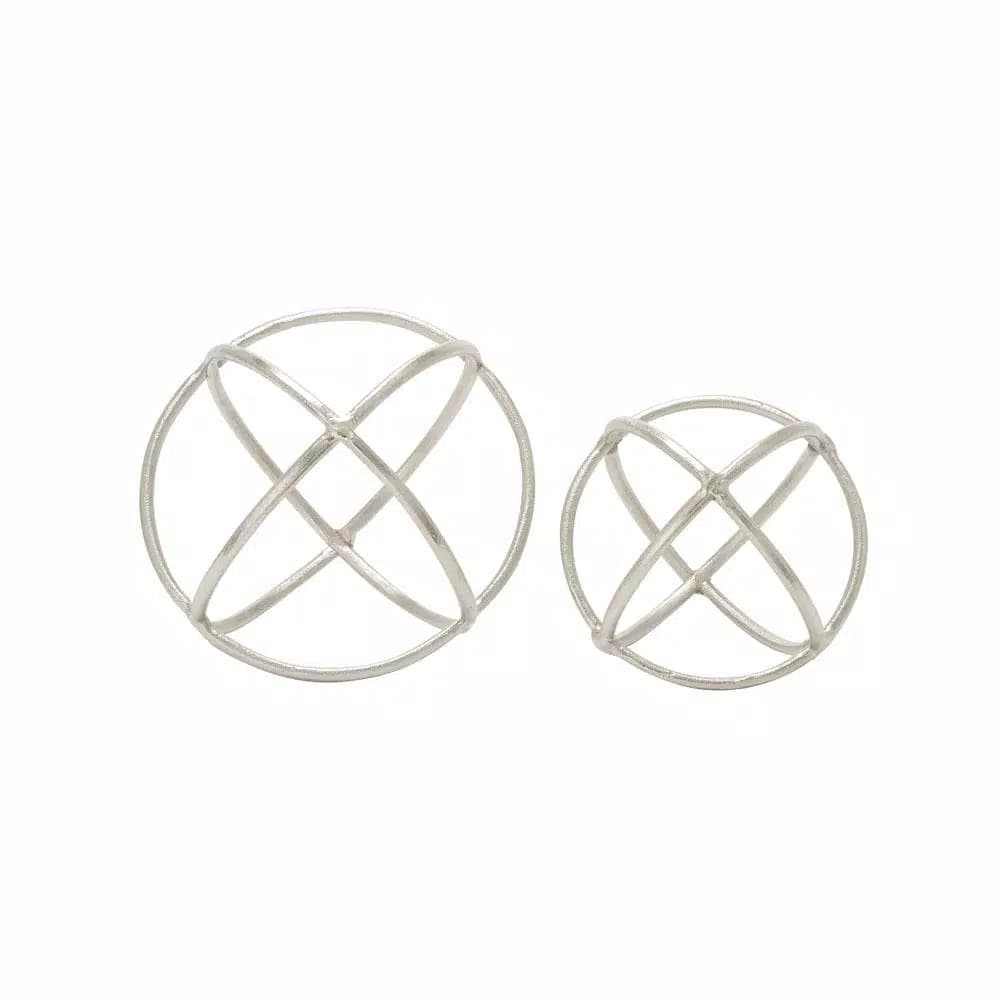 LITTON LANE Silver Nickel Aluminum Ring Decorative Orbs, Set of 2 - Modern Geometric Sculptures