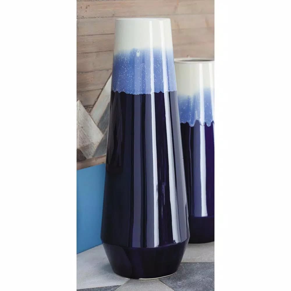 LITTON LANE Modern Reflections 20 in. Ceramic Tulip-Shaped Blue and White Gradient Decorative Vase