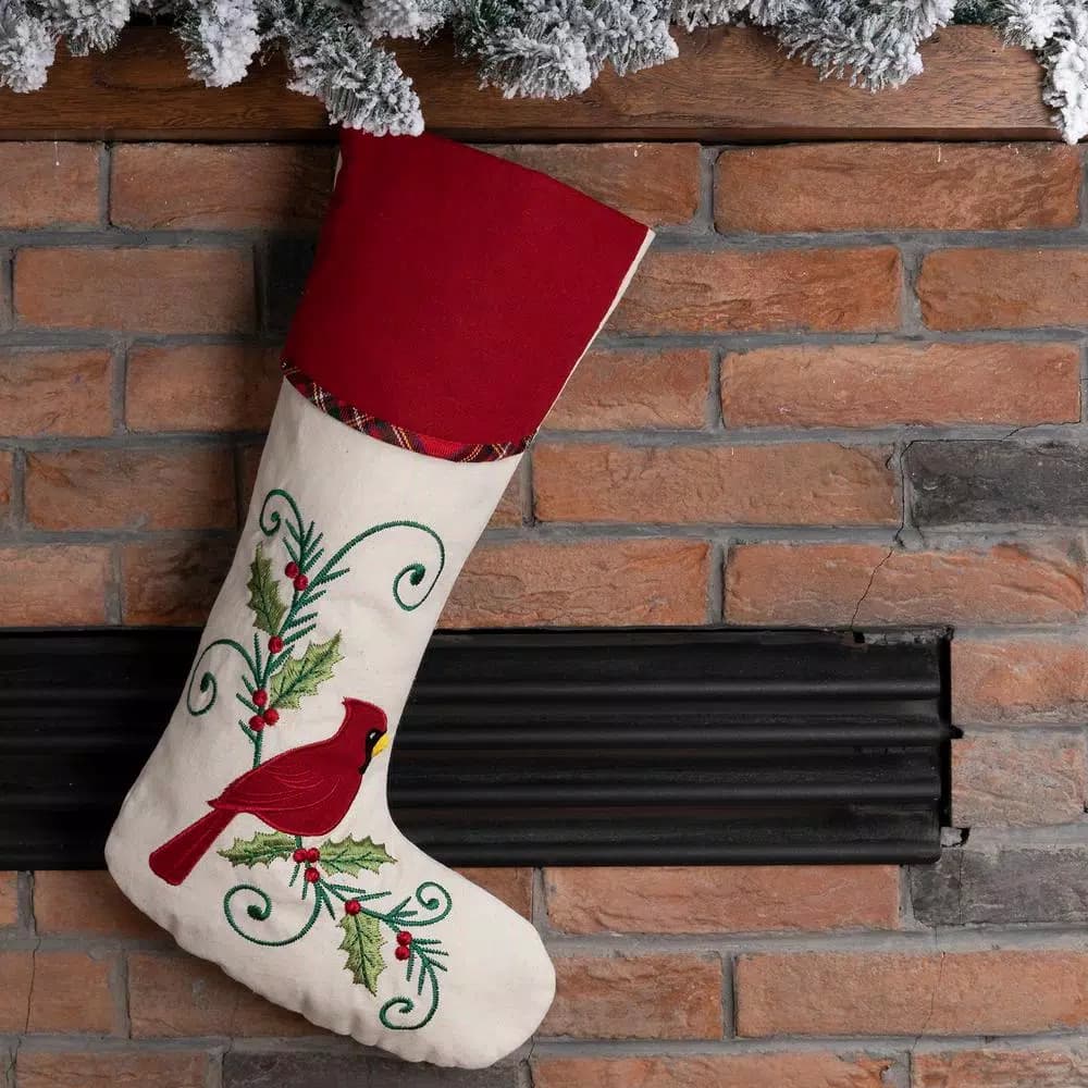 Glitzhome 21 in. Fabric Cardinal Christmas Stocking with Embroidered Holly and Berries, Red and Beige