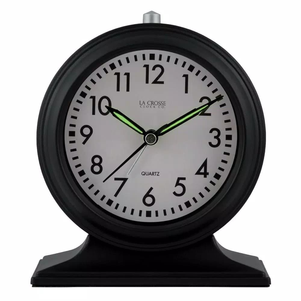 La Crosse Clock Co. Silent Sweep Black Mantel Alarm Clock with Luminous Hands