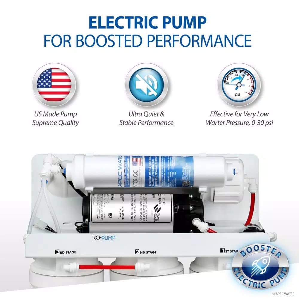 APEC Water Systems APEC Ultimate Electric Pumped Reverse Osmosis Water Filtration System, 50 GPD, Low Pressure 0-30 PSI, 5-Stage