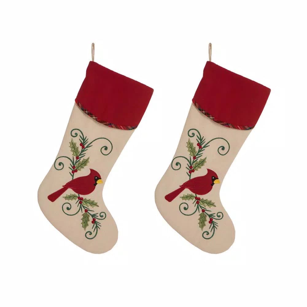 Glitzhome 21 in. Red Cardinal Embroidered Christmas Stockings, Polyester & Linen Blend (2-Pack)