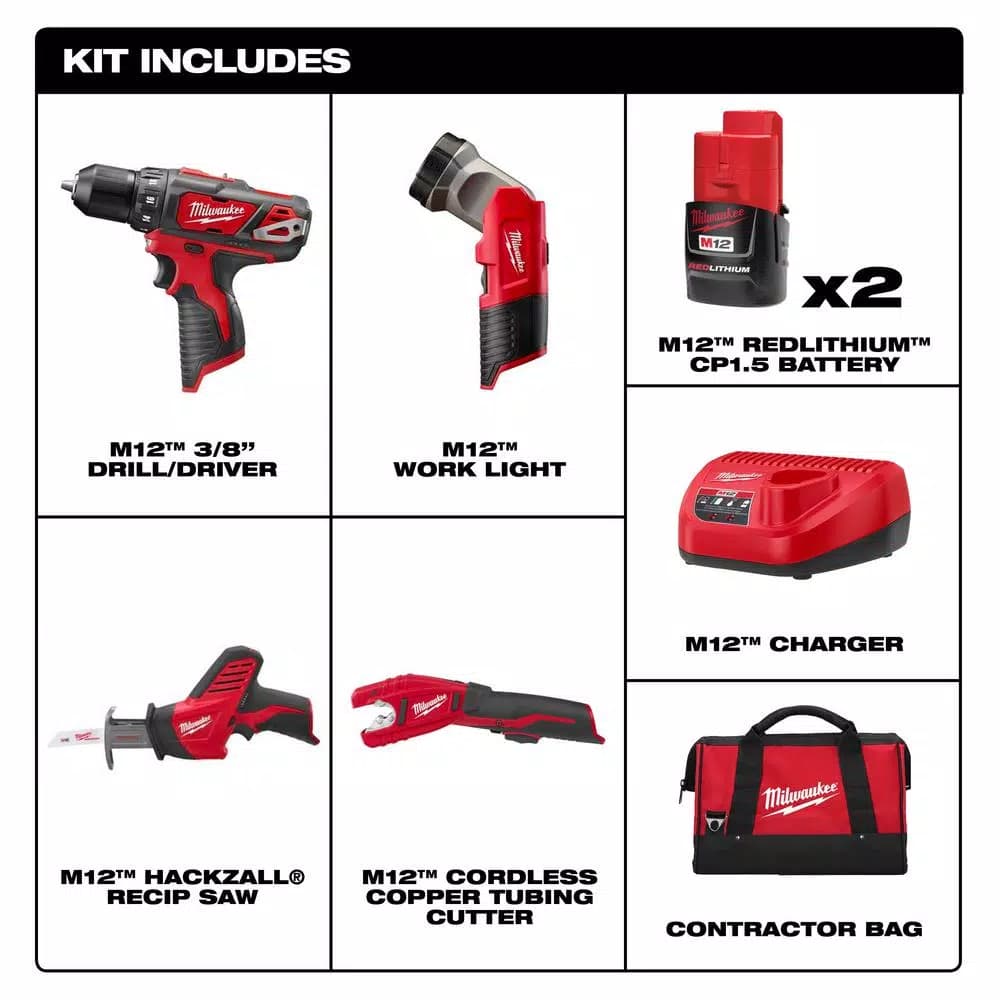 Milwaukee M12 12V Lithium-Ion Cordless 4-Tool Combo Kit with (2) 1.5 Ah Batteries and Charger