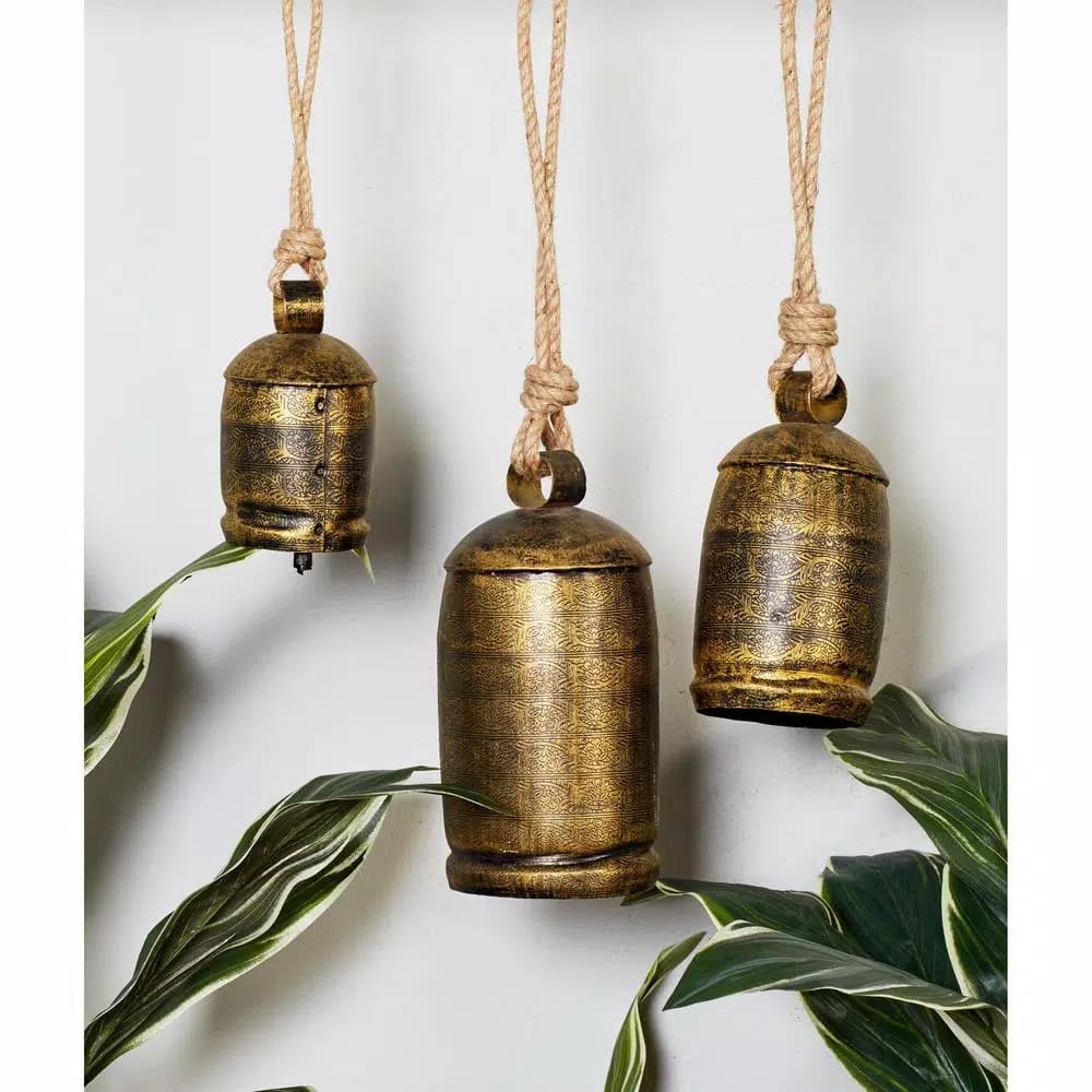 LITTON LANE Gold Brass Iron Bells with Natural Jute Rope Hangers, Set of 3