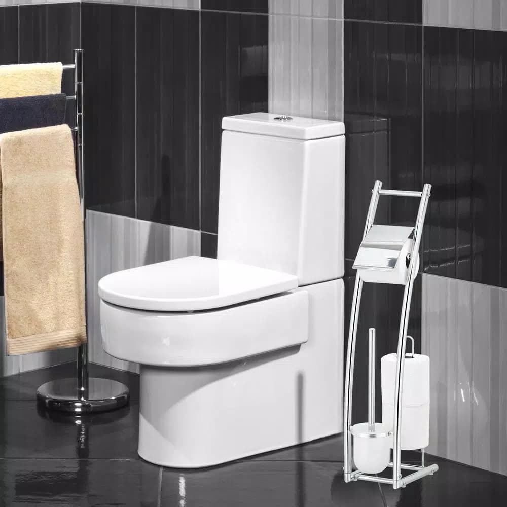 Furinno Wayar Toilet Brush and Paper Holder Stand, 3-in-1 Freestanding Chrome Bathroom Organizer, Silver