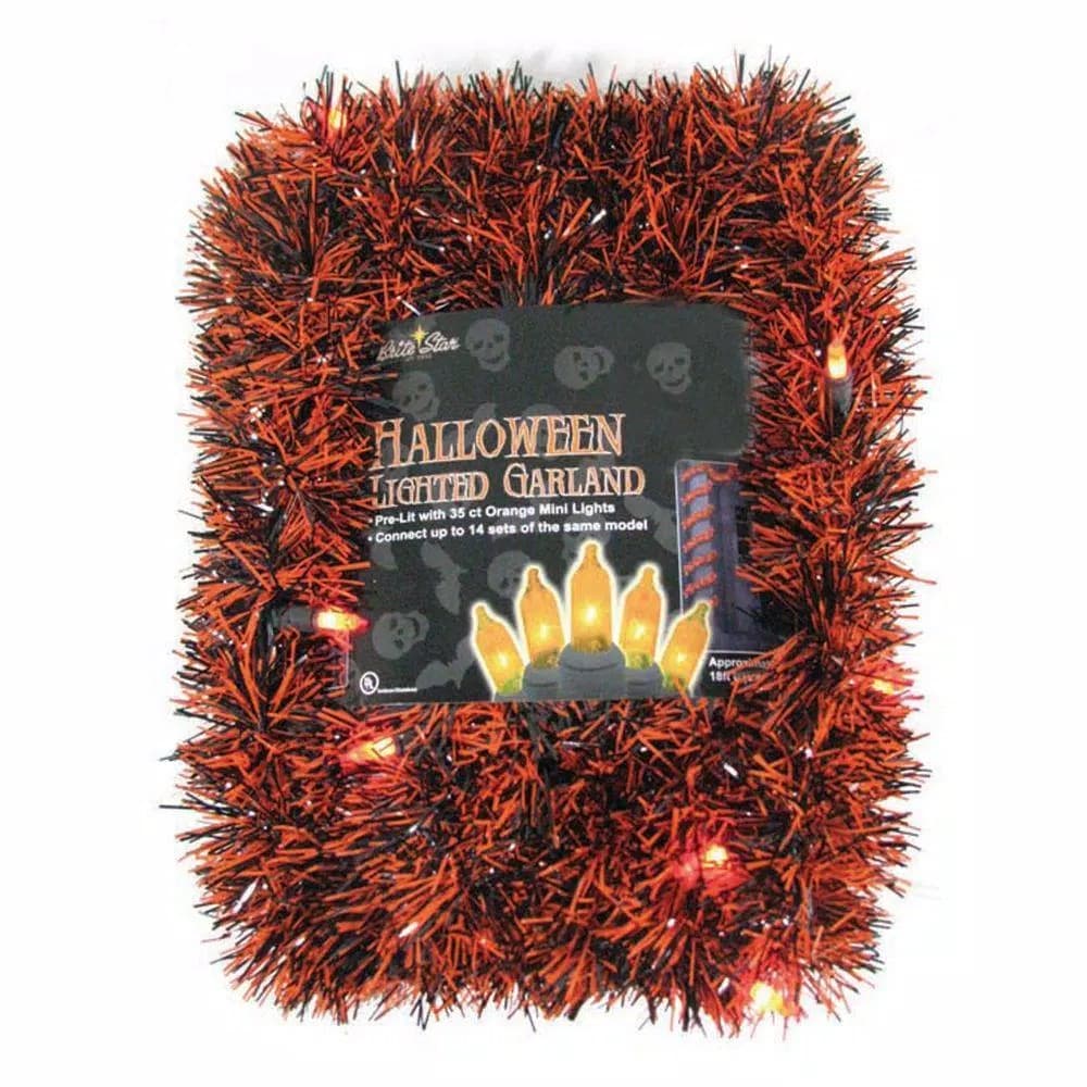 Brite Star 10 ft. Pre-Lit LED Orange and Black Tinsel Halloween Garland