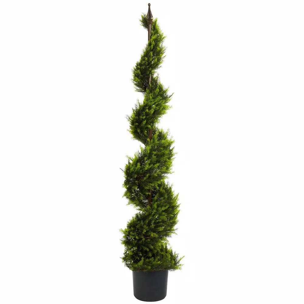 Nearly Natural 5 ft. Green Cypress Spiral Artificial Tree with Black Pot