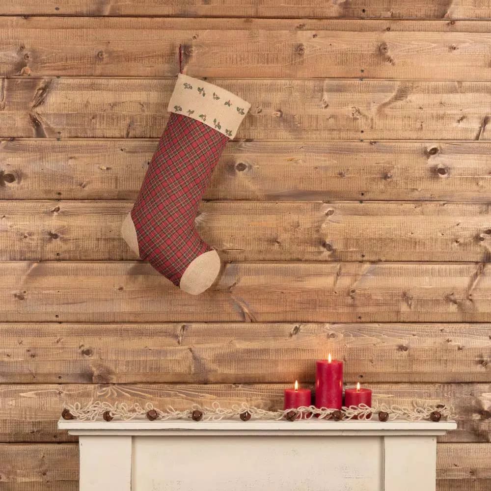 VHC Brands 20 in. Jute Burlap Poinsettia Christmas Stocking - Red Tartan Plaid & Rustic Decor